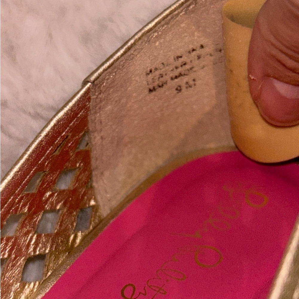 Lilly Pulitzer Gold Leather Resort Chic Basketweave Open Toe Wedge.FIRM PRICE - Picture 11 of 11